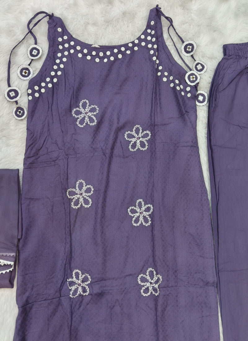 Lavender Mirror Details Sleeveless Kurta Set with Palazzo and Dupatta L-731090