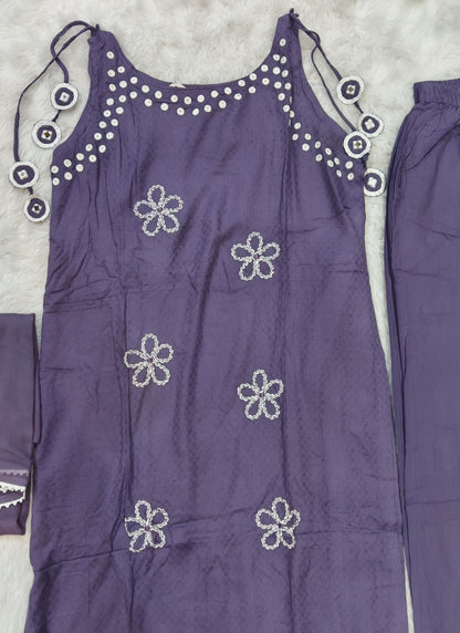 Lavender Mirror Details Sleeveless Kurta Set with Palazzo and Dupatta L-731090