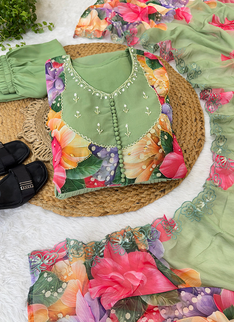 Faux Georgette Pista Festival Wear Hand Work Readymade Anarkali Suit 385329