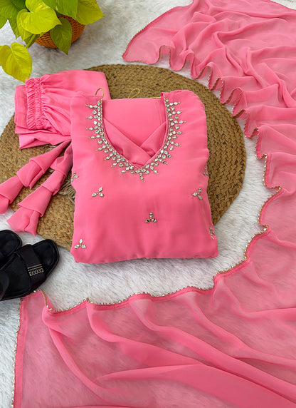 Faux Georgette Peach Festival Wear Hand Work Readymade Anarkali Suit 384612