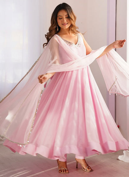 Faux Georgette Peach Festival Wear Hand Work Readymade Anarkali Suit 384612