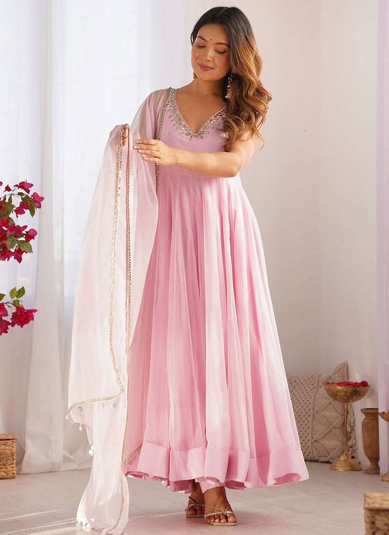 Faux Georgette Peach Festival Wear Hand Work Readymade Anarkali Suit 384612