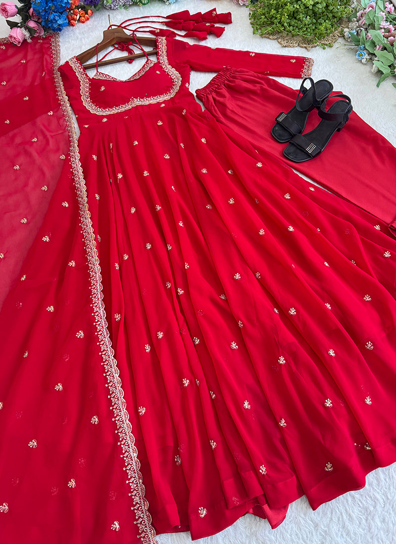 Faux Georgette Red Festival Wear Embroidery Work Readymade Anarkali Gown 384613
