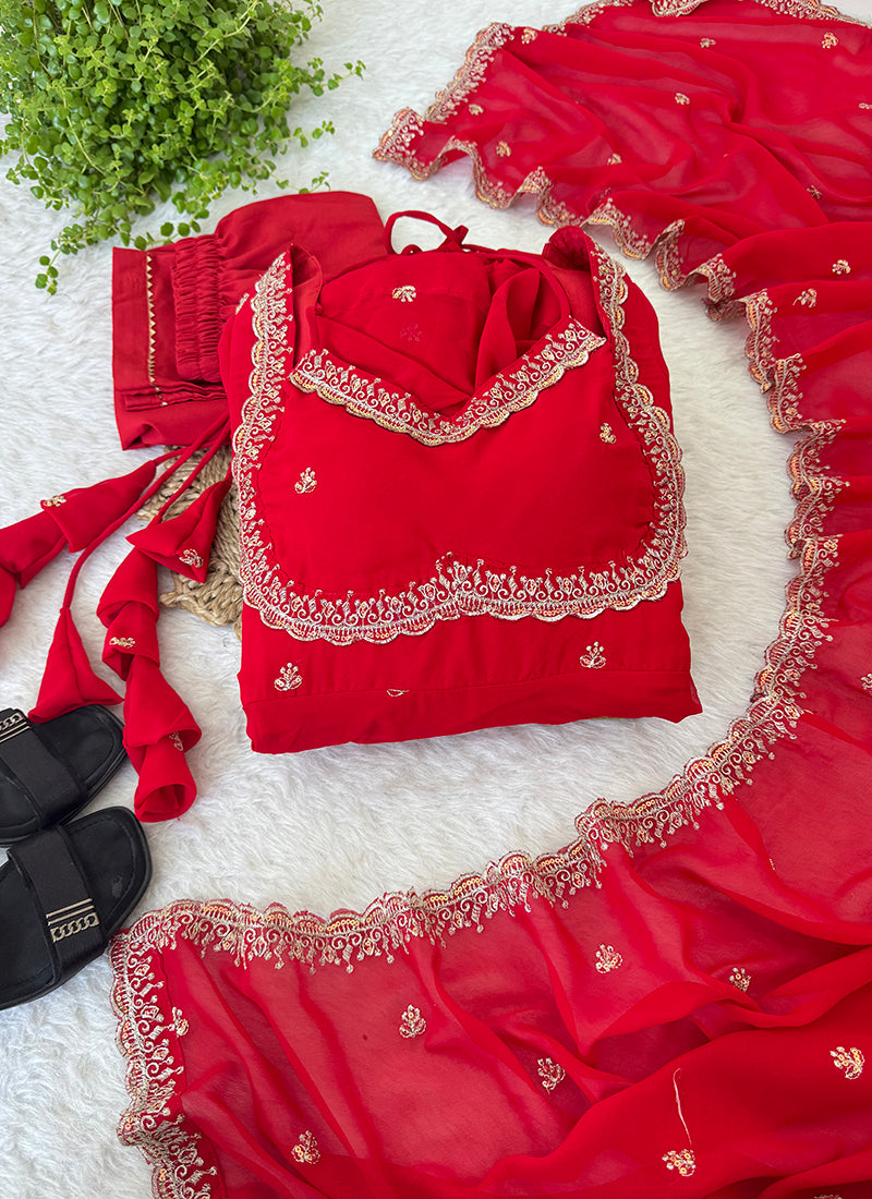 Faux Georgette Red Festival Wear Embroidery Work Readymade Anarkali Gown 384613