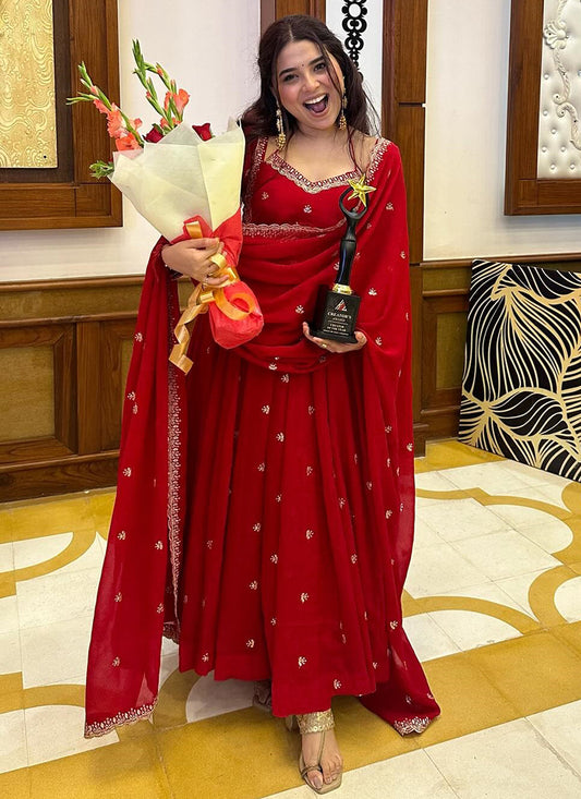 Faux Georgette Red Festival Wear Embroidery Work Readymade Anarkali Gown 384613