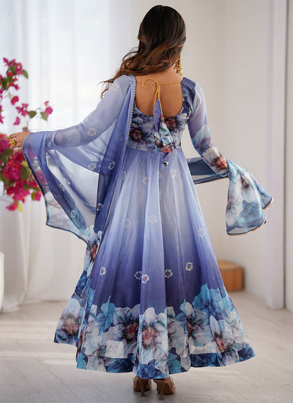 Organza Blue Festival Wear Digital Print Work Readymade Gown 384607