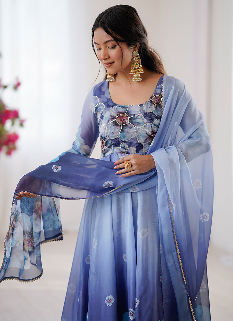 Organza Blue Festival Wear Digital Print Work Readymade Gown 384607