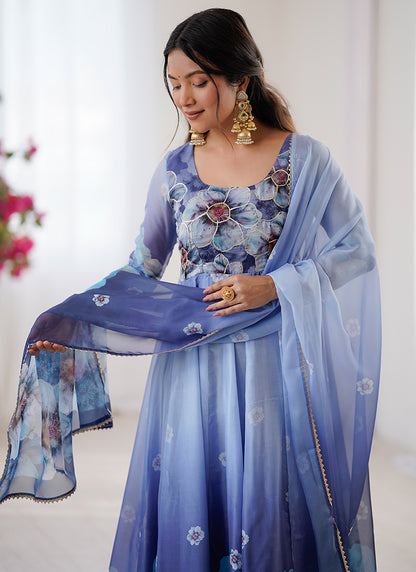 Organza Blue Festival Wear Digital Print Work Readymade Gown 384607