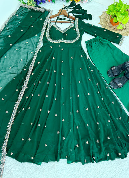 Georgette Green Party Wear Sequins Work Readymade Gown 386993