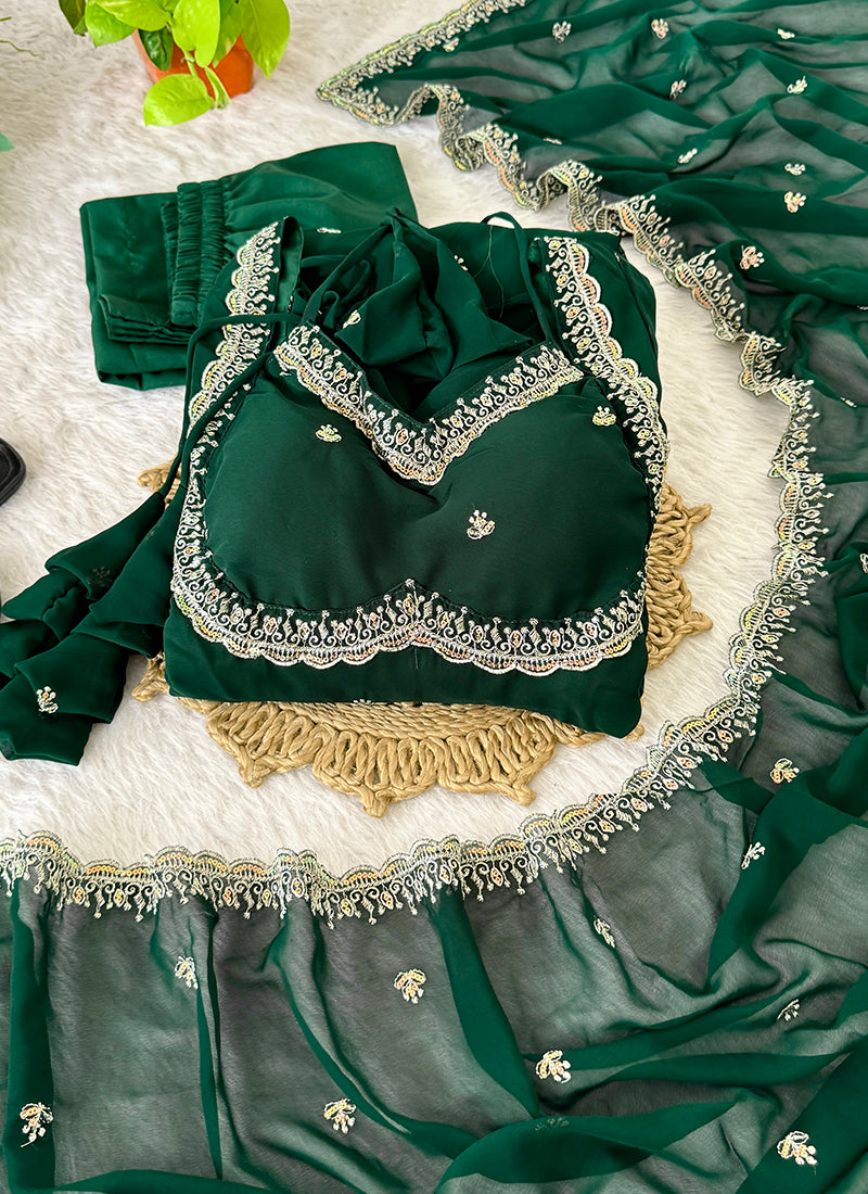 Georgette Green Party Wear Sequins Work Readymade Gown 386993