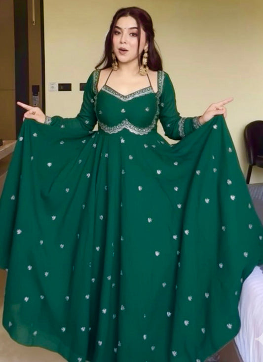 Georgette Green Party Wear Sequins Work Readymade Gown 386993