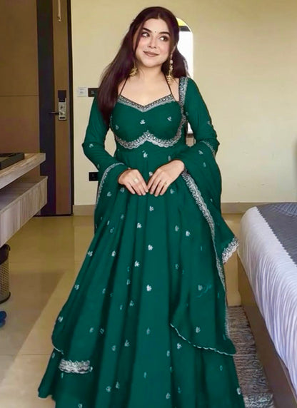 Georgette Green Party Wear Sequins Work Readymade Gown 386993