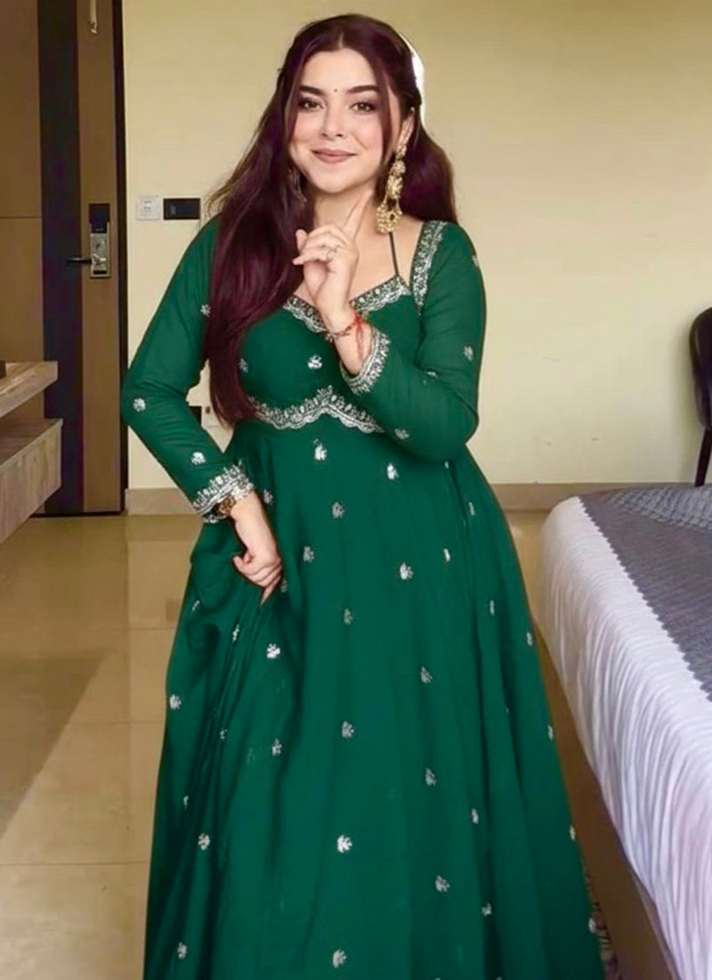 Georgette Green Party Wear Sequins Work Readymade Gown 386993