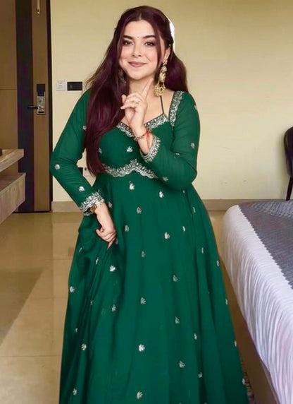 Georgette Green Party Wear Sequins Work Readymade Gown 386993