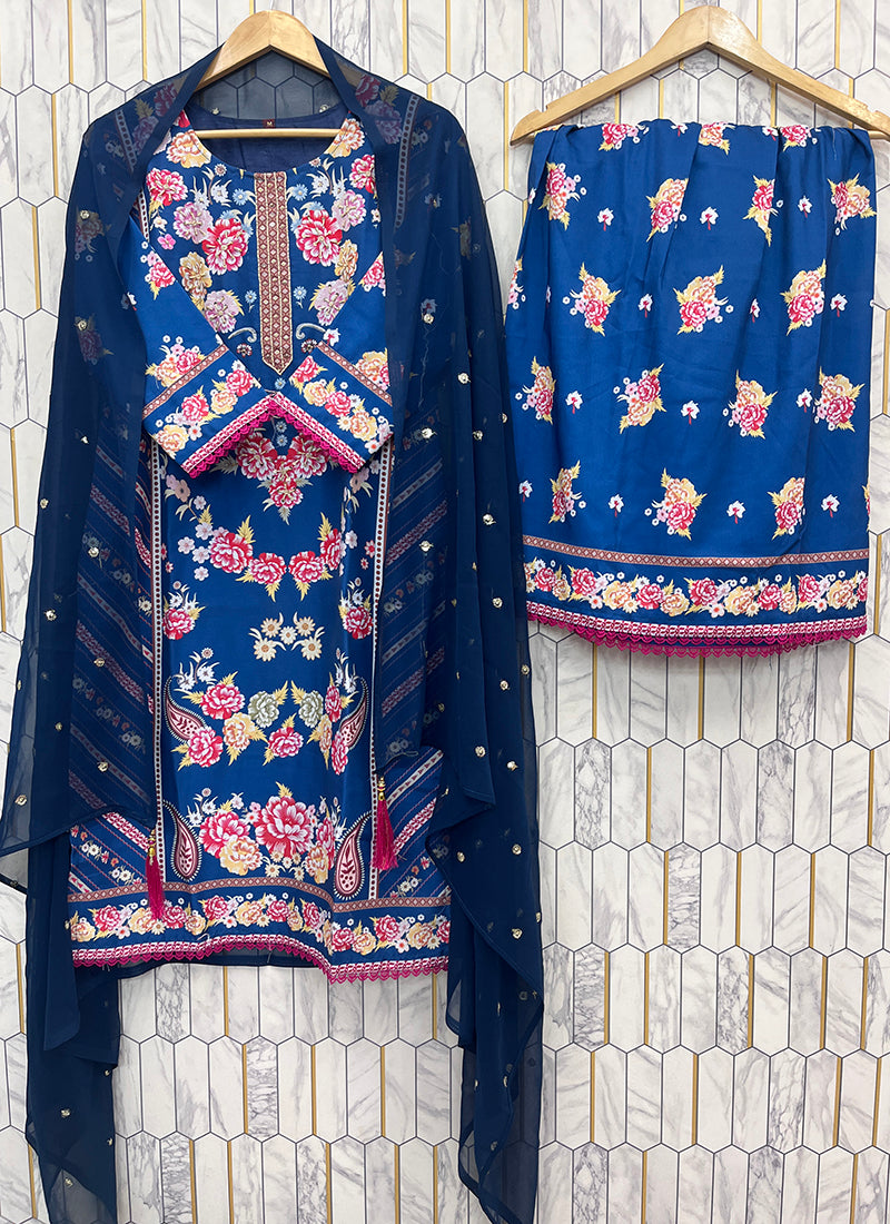Rayon Blue Festival Wear Printed Work Readymade Plazzo Suit 387192