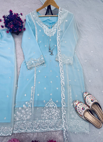 Faux Georgette Sky Blue Eid Wear Embroidery Work Readymade Plazzo Suit 387200
