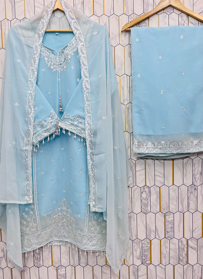 Faux Georgette Sky Blue Eid Wear Embroidery Work Readymade Plazzo Suit 387200