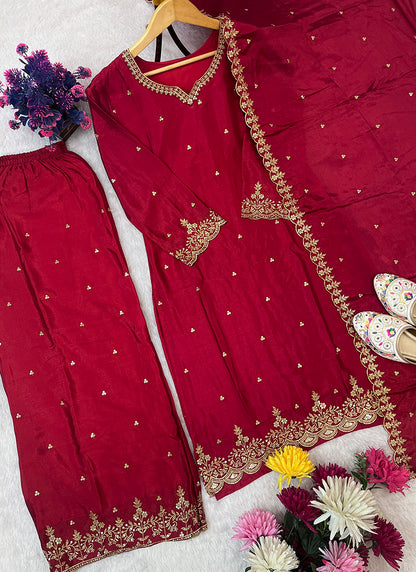 Chinon Silk Orange Eid Wear Embroidery Work Readymade Plazzo Suit 387197