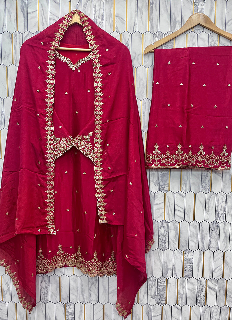 Chinon Silk Orange Eid Wear Embroidery Work Readymade Plazzo Suit 387197