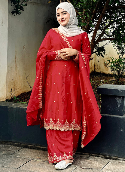 Chinon Silk Orange Eid Wear Embroidery Work Readymade Plazzo Suit 387197