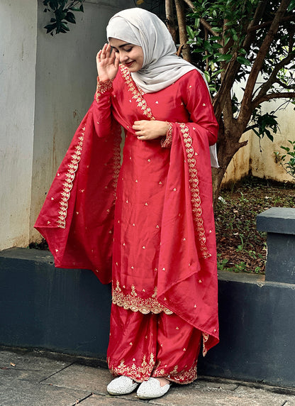 Chinon Silk Orange Eid Wear Embroidery Work Readymade Plazzo Suit 387197