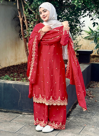 Chinon Silk Orange Eid Wear Embroidery Work Readymade Plazzo Suit 387197