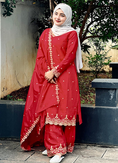 Chinon Silk Orange Eid Wear Embroidery Work Readymade Plazzo Suit 387197