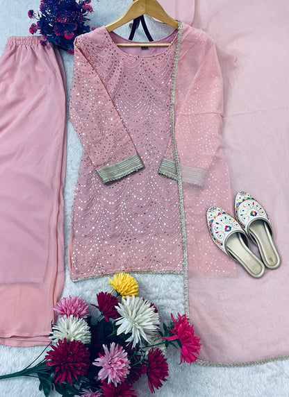 Faux Georgette Light Pink Eid Wear Embroidery Work Readymade Plazzo Suit 387199