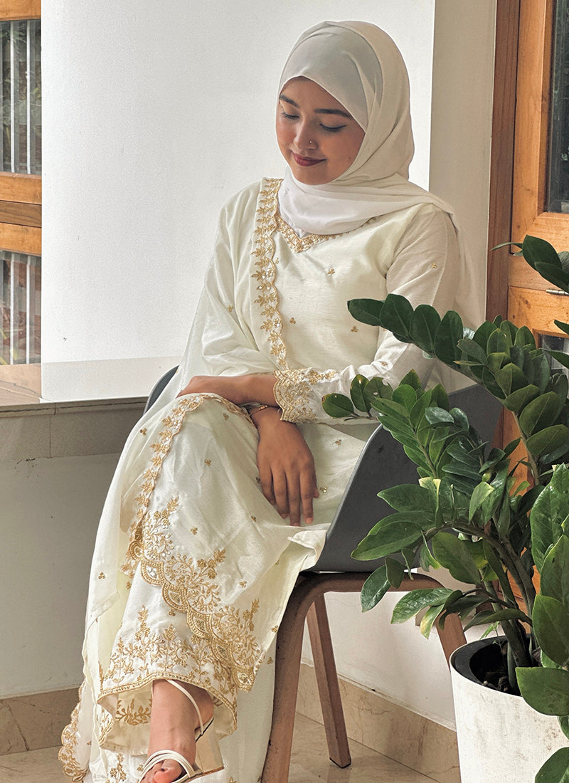 Chinon Silk White Eid Wear Embroidery Work Readymade Plazzo Suit 387196