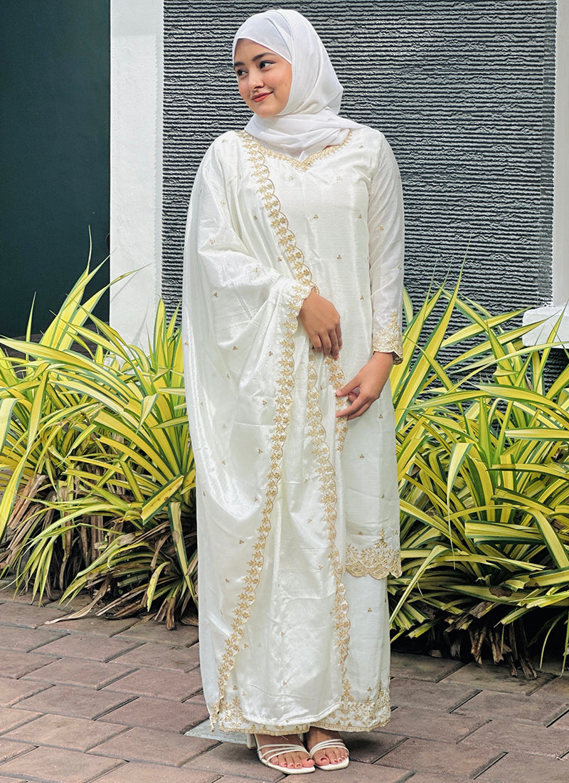 Chinon Silk White Eid Wear Embroidery Work Readymade Plazzo Suit 387196