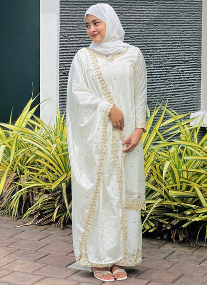 Chinon Silk White Eid Wear Embroidery Work Readymade Plazzo Suit 387196