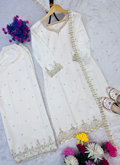 Chinon Silk White Eid Wear Embroidery Work Readymade Plazzo Suit 387196