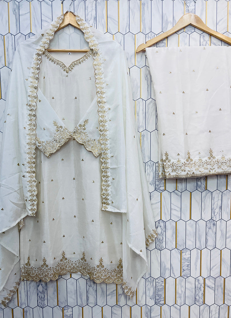 Chinon Silk White Eid Wear Embroidery Work Readymade Plazzo Suit 387196