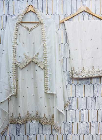 Chinon Silk White Eid Wear Embroidery Work Readymade Plazzo Suit 387196