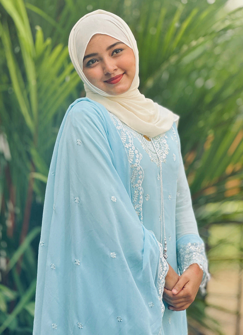 Faux Georgette Sky Blue Eid Wear Embroidery Work Readymade Plazzo Suit 387200