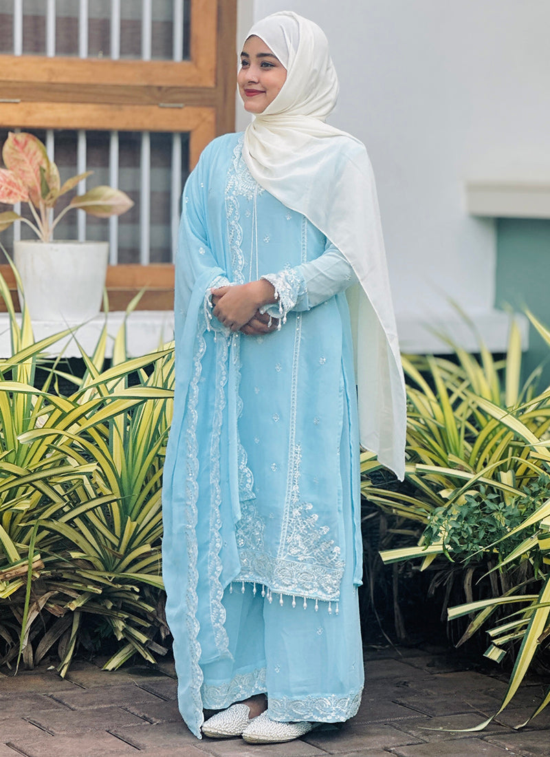 Faux Georgette Sky Blue Eid Wear Embroidery Work Readymade Plazzo Suit 387200