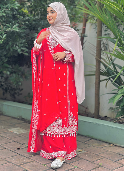 Faux Georgette Red Eid Wear Embroidery Work Readymade Plazzo Suit 387201