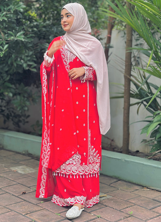 Faux Georgette Red Eid Wear Embroidery Work Readymade Plazzo Suit 387201