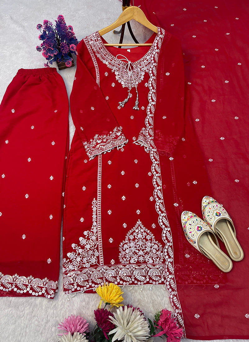 Faux Georgette Red Eid Wear Embroidery Work Readymade Plazzo Suit 387201