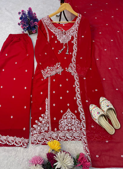 Faux Georgette Red Eid Wear Embroidery Work Readymade Plazzo Suit 387201