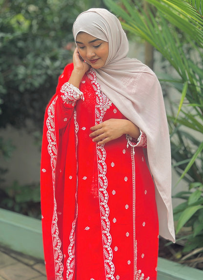 Faux Georgette Red Eid Wear Embroidery Work Readymade Plazzo Suit 387201