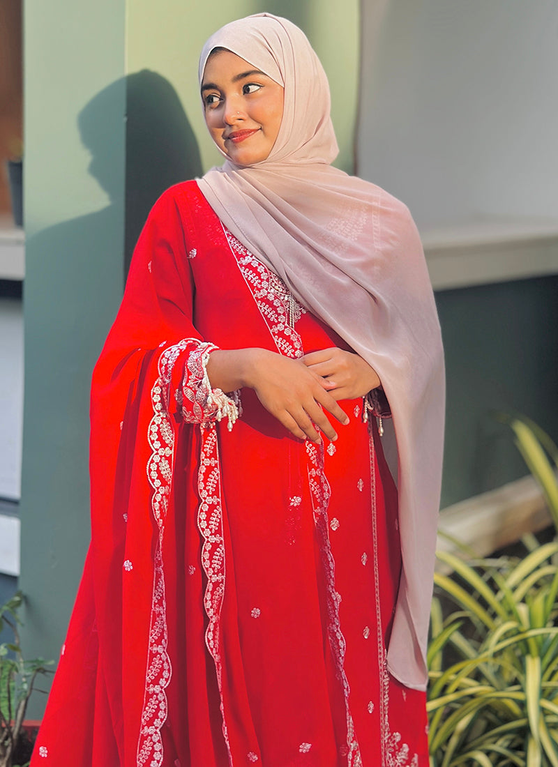 Faux Georgette Red Eid Wear Embroidery Work Readymade Plazzo Suit 387201