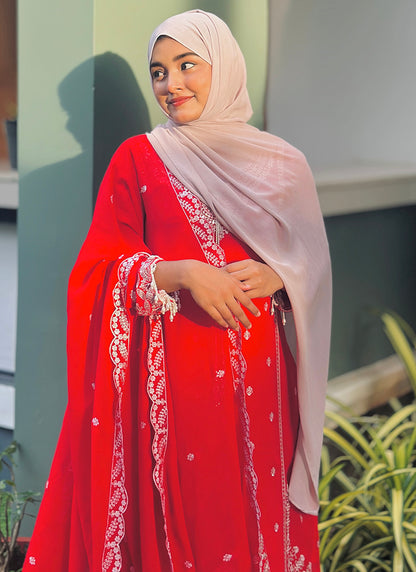 Faux Georgette Red Eid Wear Embroidery Work Readymade Plazzo Suit 387201