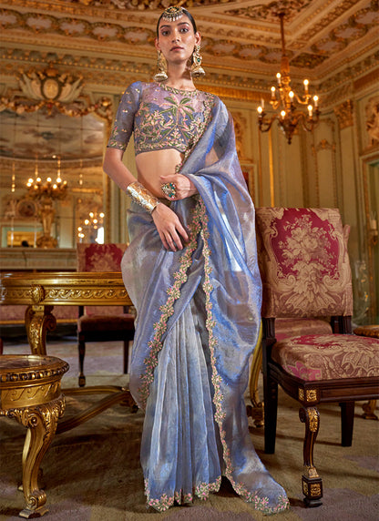 Soft Tissue Ice Blue Festival Wear Thread Embroidery Work Designer Saree 388254