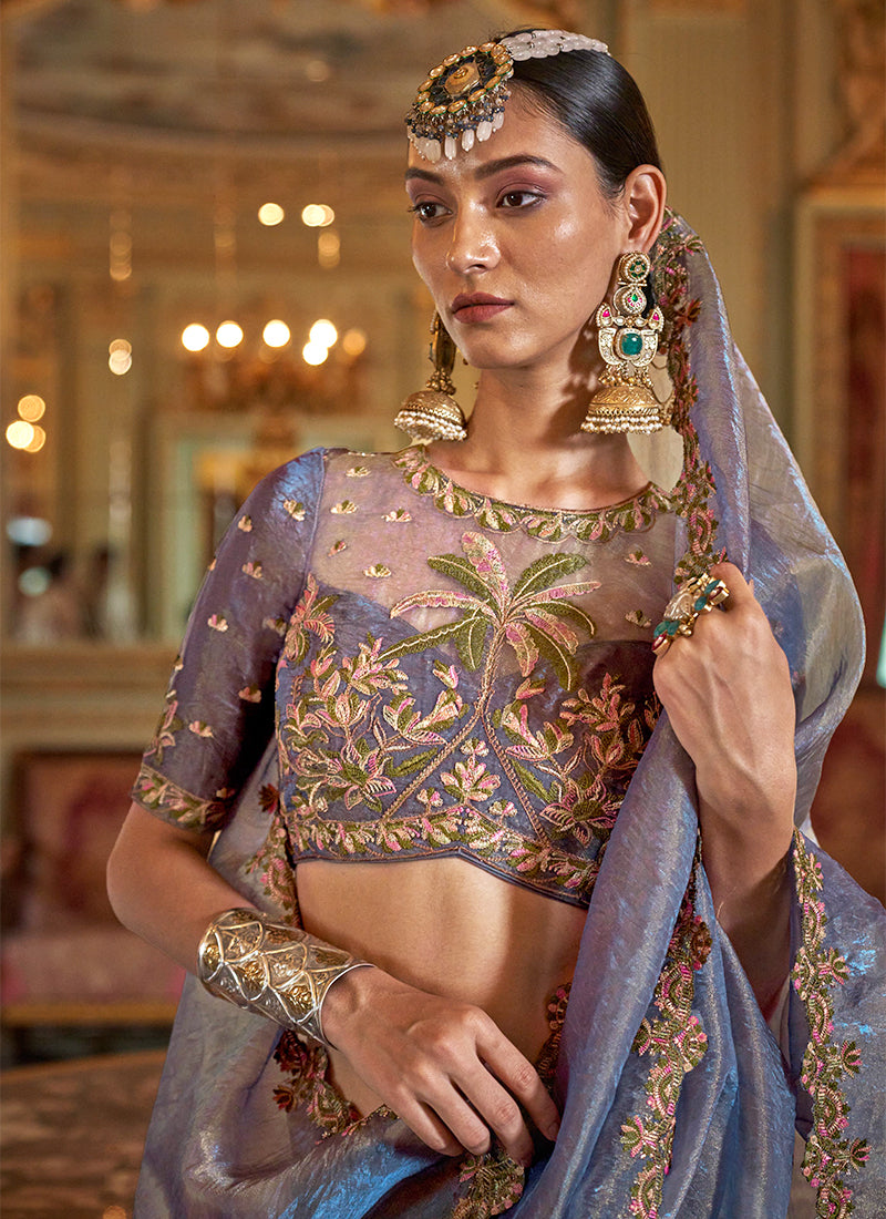 Soft Tissue Ice Blue Festival Wear Thread Embroidery Work Designer Saree 388254