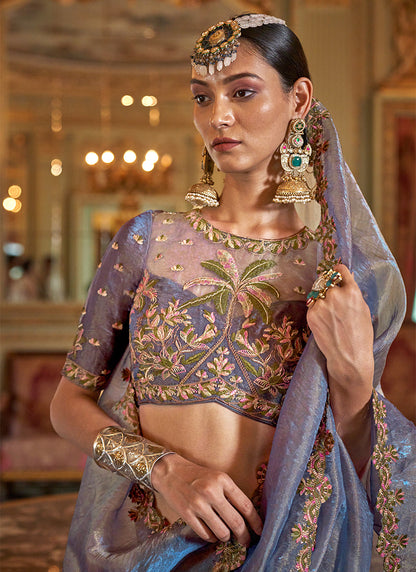 Soft Tissue Ice Blue Festival Wear Thread Embroidery Work Designer Saree 388254