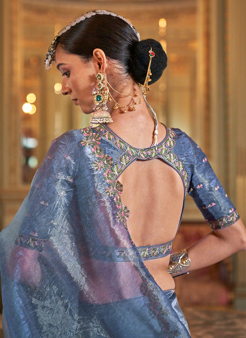 Soft Tissue Ice Blue Festival Wear Thread Embroidery Work Designer Saree 388254