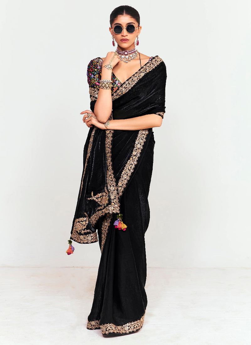 Jet Black Fancy Silk Border Work Wedding Wear Wedding Saree SW732083