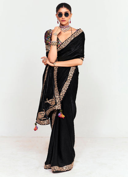 Jet Black Fancy Silk Border Work Wedding Wear Wedding Saree SW732083