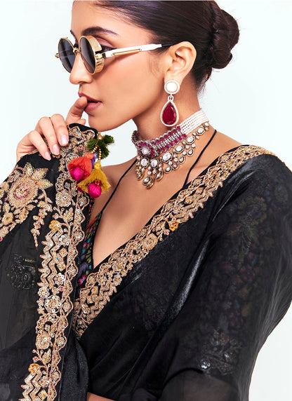 Jet Black Fancy Silk Border Work Wedding Wear Wedding Saree SW732083